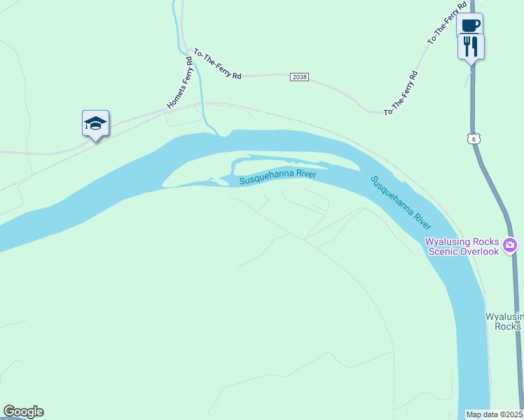 map of restaurants, bars, coffee shops, grocery stores, and more near 36 Cabin Lane in Wyalusing
