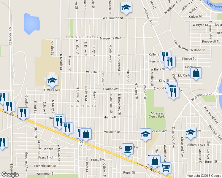 map of restaurants, bars, coffee shops, grocery stores, and more near 1401 Johnson Street in South Bend