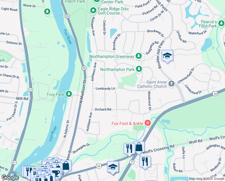 map of restaurants, bars, coffee shops, grocery stores, and more near 101 Lombardy Lane in Oswego