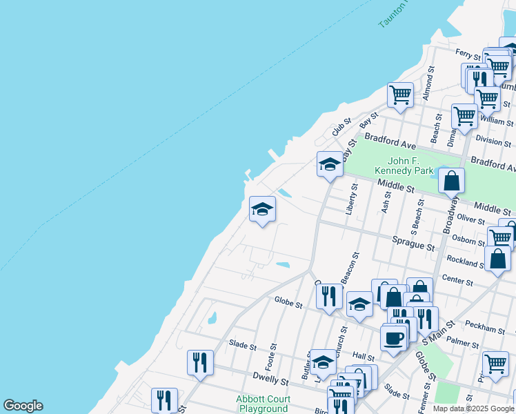 map of restaurants, bars, coffee shops, grocery stores, and more near 296 Draper Street in Fall River