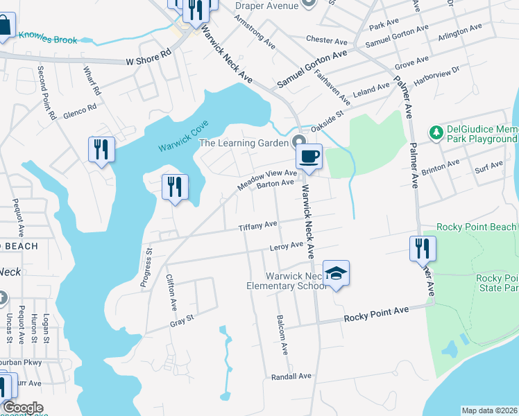 map of restaurants, bars, coffee shops, grocery stores, and more near 53 Okinawa Avenue in Warwick