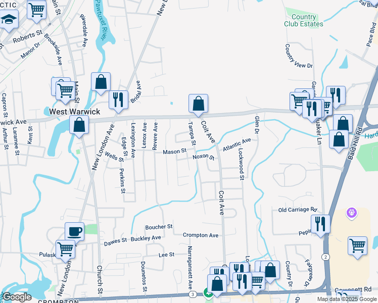 map of restaurants, bars, coffee shops, grocery stores, and more near 27 Mason St in West Warwick