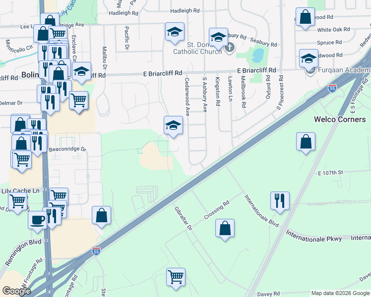 map of restaurants, bars, coffee shops, grocery stores, and more near 225 Cedarwood Avenue in Bolingbrook