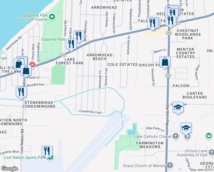 map of restaurants, bars, coffee shops, grocery stores, and more near 6517 Seneca Trail in Mentor