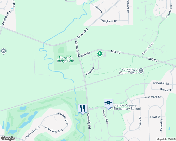 map of restaurants, bars, coffee shops, grocery stores, and more near 3767 Bailey Road in Yorkville