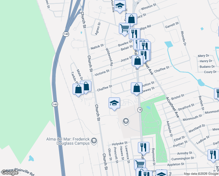 map of restaurants, bars, coffee shops, grocery stores, and more near 787 Wildwood Road in New Bedford