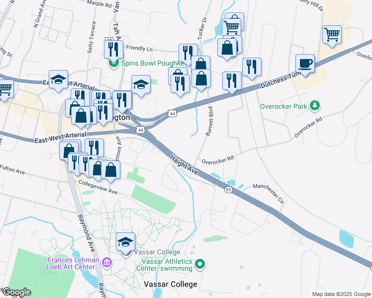 map of restaurants, bars, coffee shops, grocery stores, and more near 4 Burnett Boulevard in Poughkeepsie