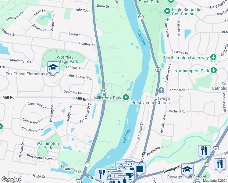 map of restaurants, bars, coffee shops, grocery stores, and more near 183 River Mist Drive in Oswego