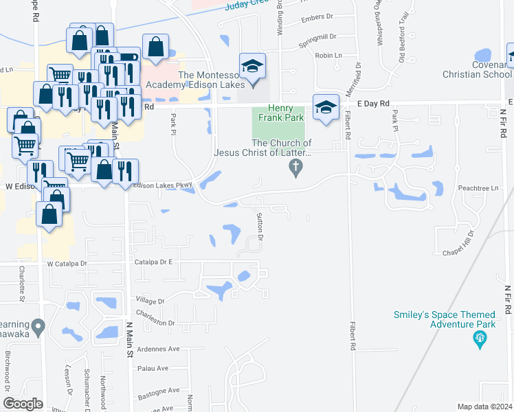 map of restaurants, bars, coffee shops, grocery stores, and more near 625 Dublin Drive in Mishawaka