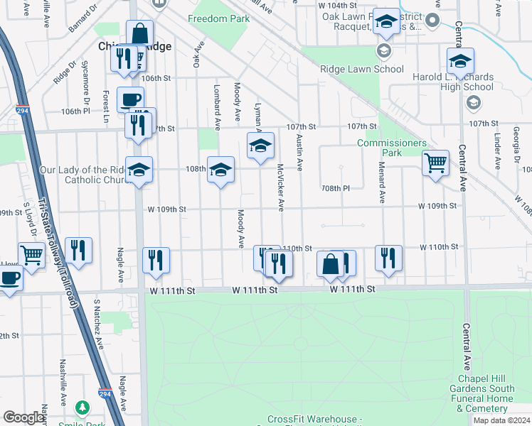 map of restaurants, bars, coffee shops, grocery stores, and more near 10901 Lyman Avenue in Chicago Ridge