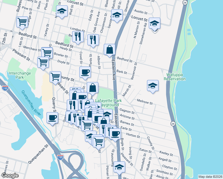 map of restaurants, bars, coffee shops, grocery stores, and more near 498 County Street in Fall River