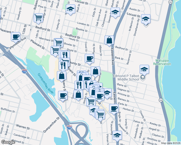map of restaurants, bars, coffee shops, grocery stores, and more near 15 Thomas Street in Fall River