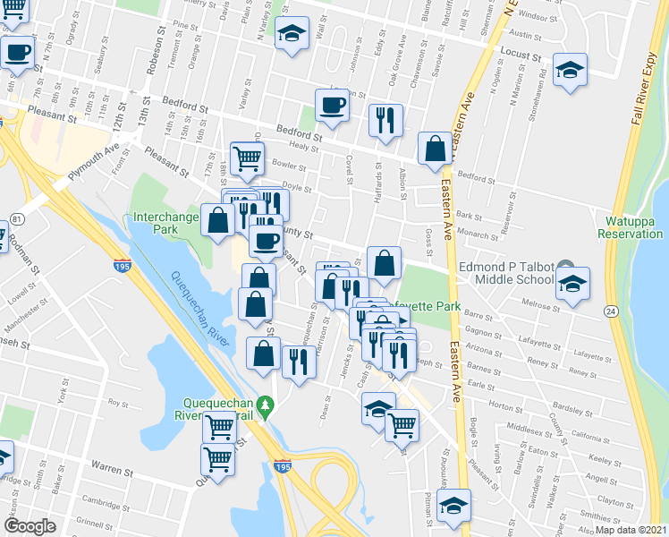 map of restaurants, bars, coffee shops, grocery stores, and more near 34 Canonicus Street in Fall River