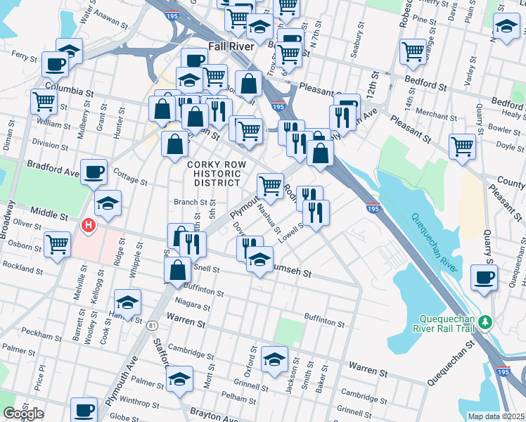 map of restaurants, bars, coffee shops, grocery stores, and more near 538 Plymouth Avenue in Fall River