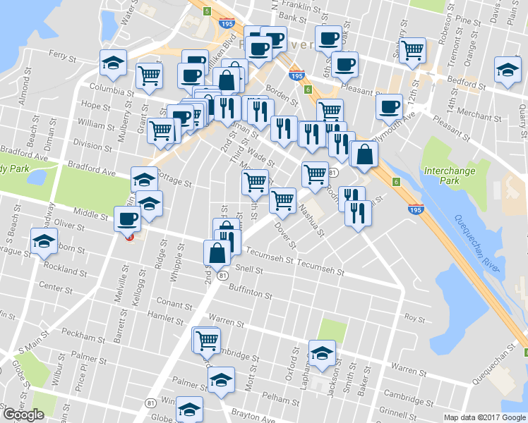 map of restaurants, bars, coffee shops, grocery stores, and more near 261 John Street in Fall River