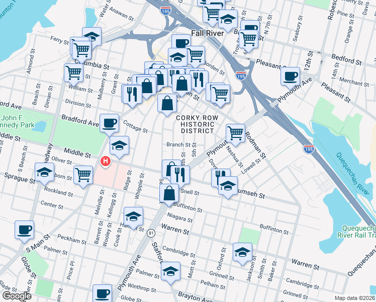 map of restaurants, bars, coffee shops, grocery stores, and more near 496 4th Street in Fall River