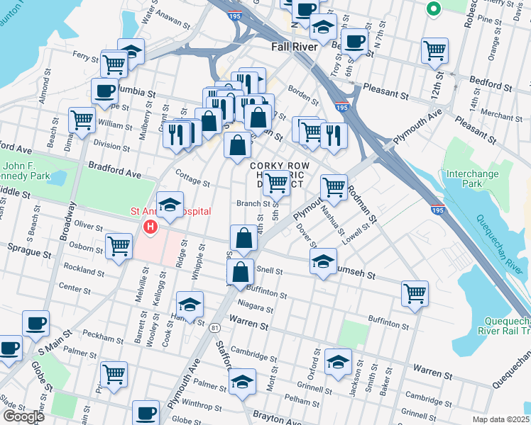 map of restaurants, bars, coffee shops, grocery stores, and more near 496 4th Street in Fall River