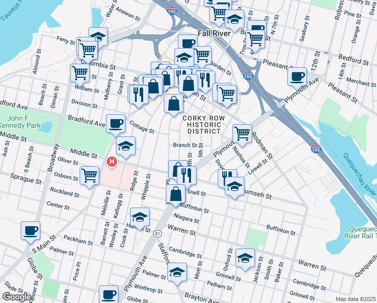 map of restaurants, bars, coffee shops, grocery stores, and more near 496 4th Street in Fall River