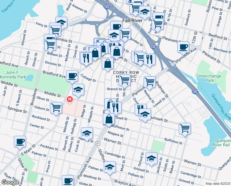 map of restaurants, bars, coffee shops, grocery stores, and more near 496 4th Street in Fall River