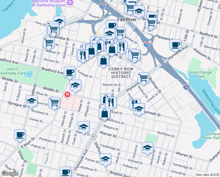 map of restaurants, bars, coffee shops, grocery stores, and more near 496 4th Street in Fall River