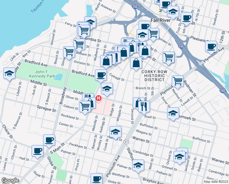 map of restaurants, bars, coffee shops, grocery stores, and more near 261 Ridge Street in Fall River