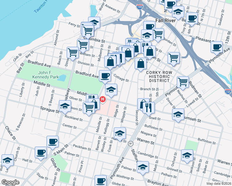 map of restaurants, bars, coffee shops, grocery stores, and more near 261 Ridge Street in Fall River