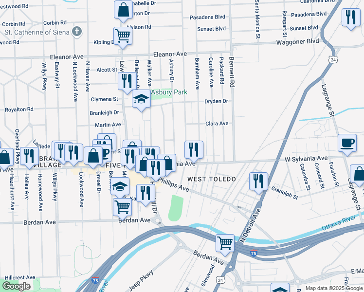 map of restaurants, bars, coffee shops, grocery stores, and more near 4043 Vermaas Avenue in Toledo