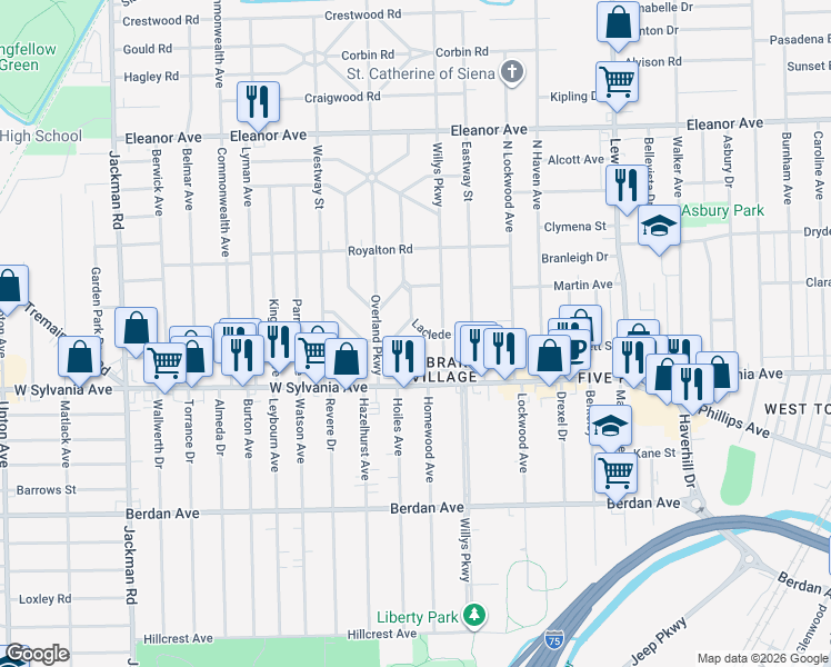 map of restaurants, bars, coffee shops, grocery stores, and more near 4114 Carthage Road in Toledo