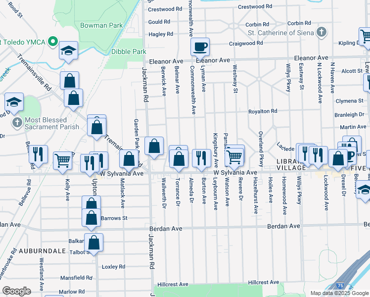 map of restaurants, bars, coffee shops, grocery stores, and more near 4120 Belmar Avenue in Toledo