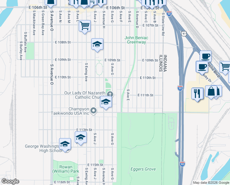 map of restaurants, bars, coffee shops, grocery stores, and more near 11050 South Avenue F in Chicago