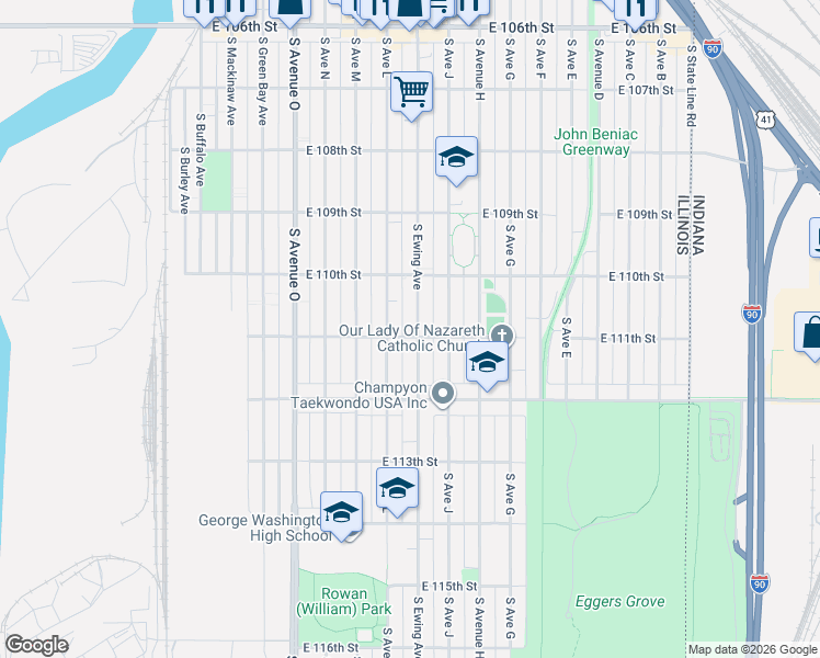 map of restaurants, bars, coffee shops, grocery stores, and more near 11046 South Ewing Avenue in Chicago
