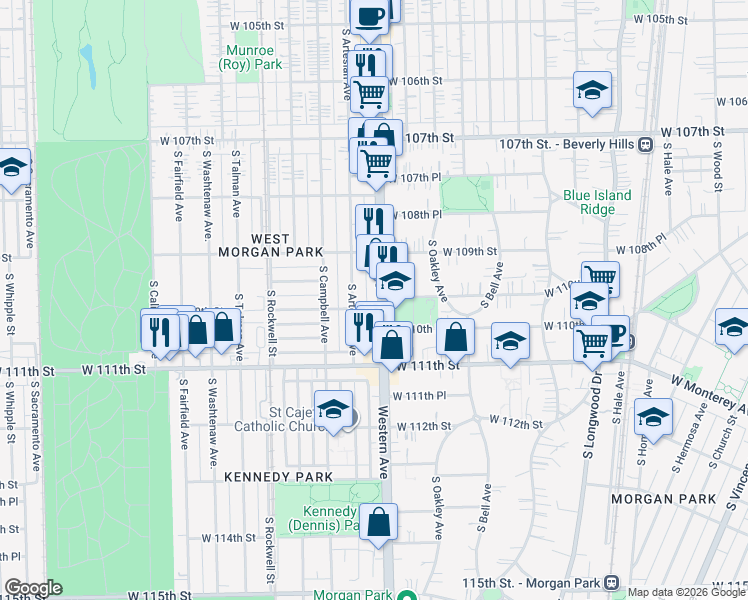 map of restaurants, bars, coffee shops, grocery stores, and more near 10943 Western Avenue in Chicago