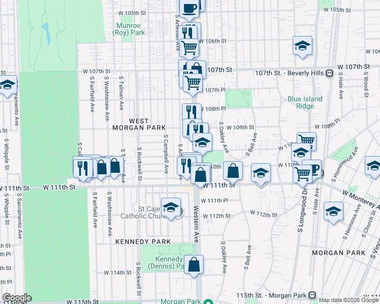 map of restaurants, bars, coffee shops, grocery stores, and more near 10943 Western Avenue in Chicago