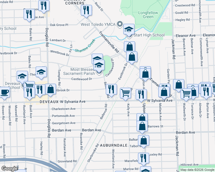 map of restaurants, bars, coffee shops, grocery stores, and more near 2146 Eastbrook Dr in Toledo
