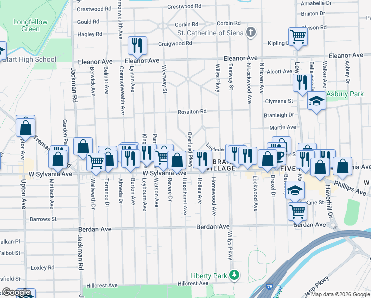 map of restaurants, bars, coffee shops, grocery stores, and more near 1408 Rollins Road in Toledo