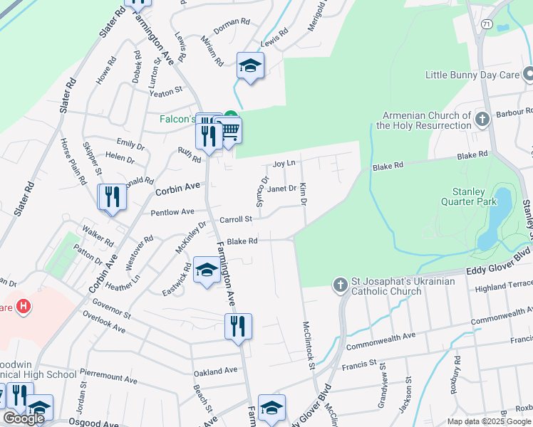 map of restaurants, bars, coffee shops, grocery stores, and more near 90 Carroll Street in New Britain