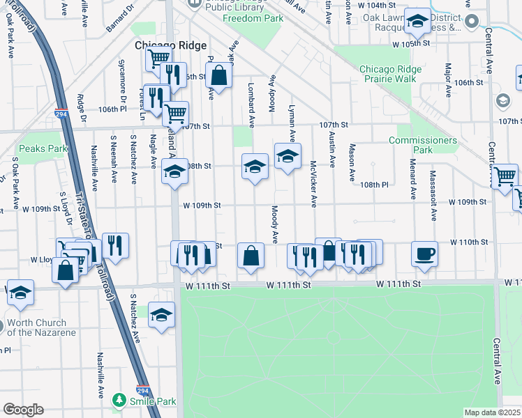 map of restaurants, bars, coffee shops, grocery stores, and more near 10901 Lombard Ave in Chicago Ridge