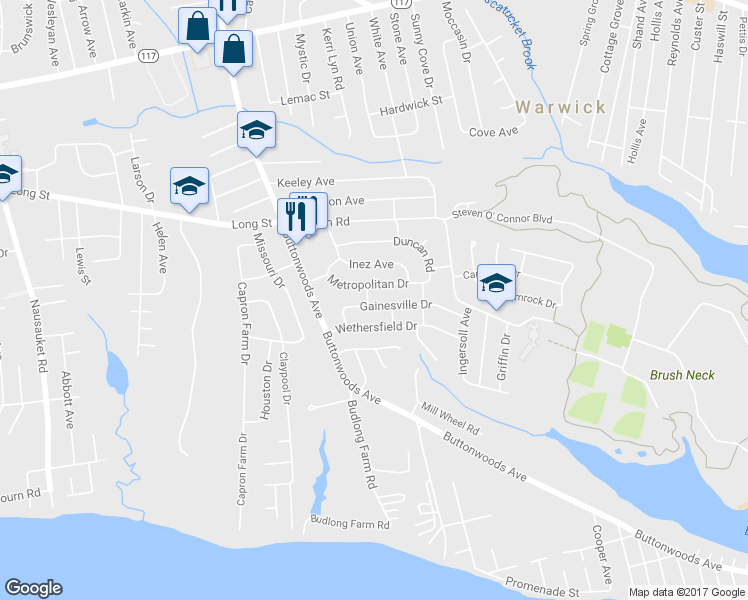 map of restaurants, bars, coffee shops, grocery stores, and more near 181 Gainesville Drive in Warwick