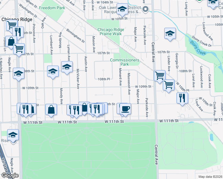 map of restaurants, bars, coffee shops, grocery stores, and more near 5813 West 109th Street in Chicago Ridge