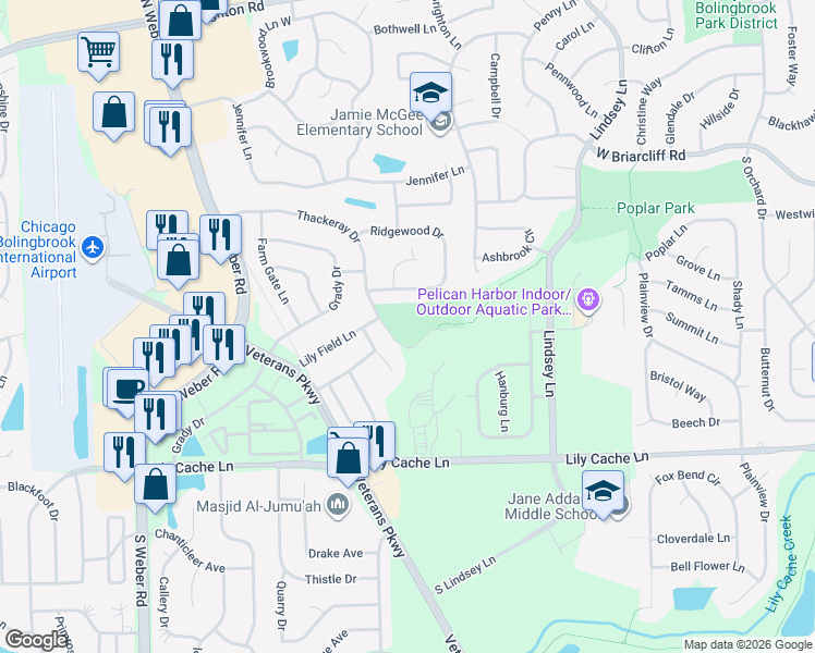 map of restaurants, bars, coffee shops, grocery stores, and more near 181 Thackeray Drive in Bolingbrook