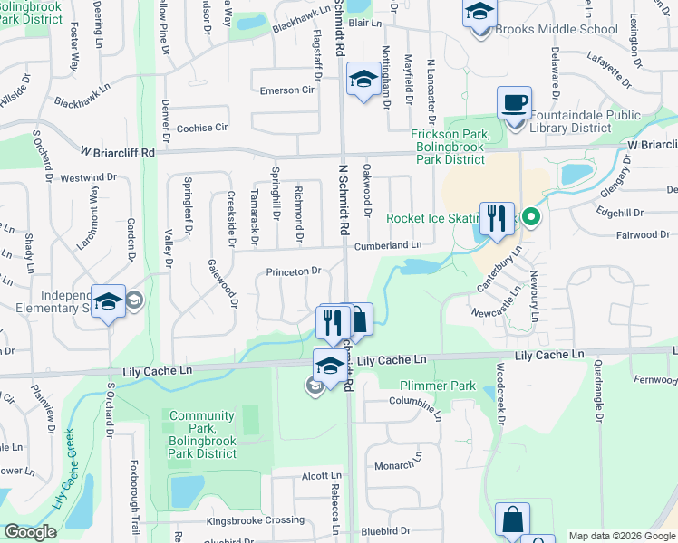 map of restaurants, bars, coffee shops, grocery stores, and more near 202 Far Hills Drive in Bolingbrook
