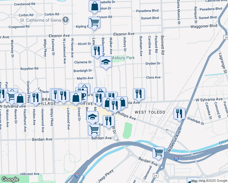 map of restaurants, bars, coffee shops, grocery stores, and more near 4044 Walker Avenue in Toledo