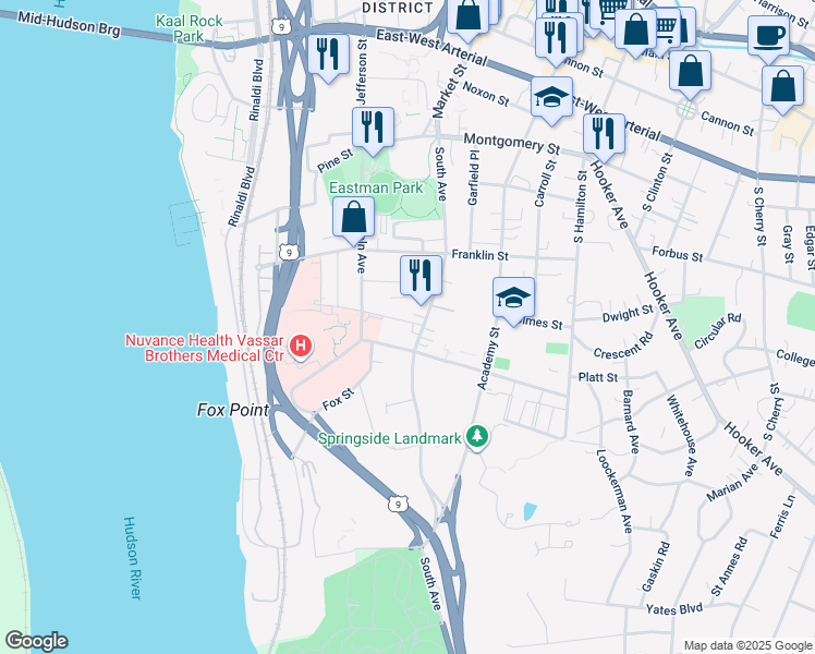 map of restaurants, bars, coffee shops, grocery stores, and more near 3 Reade Place in Poughkeepsie