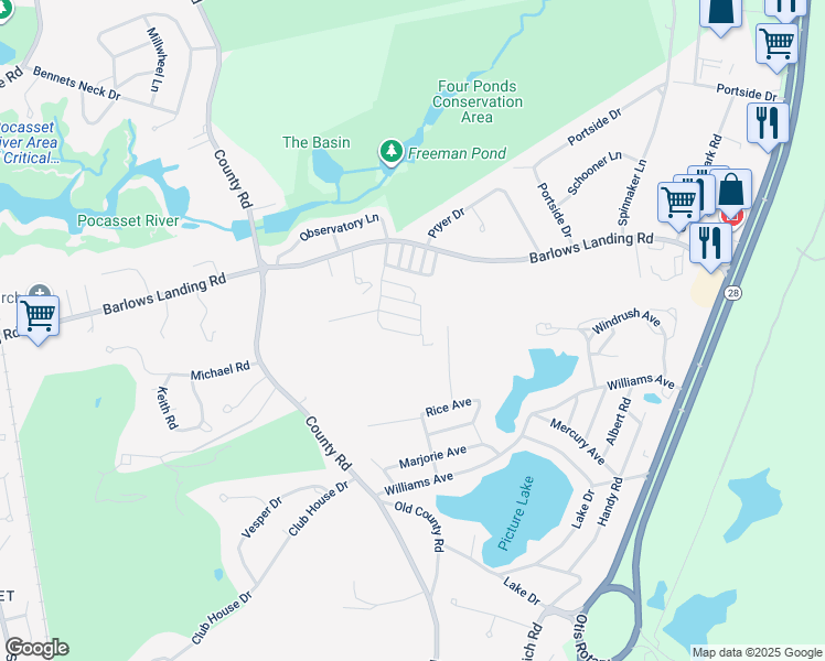 map of restaurants, bars, coffee shops, grocery stores, and more near 18 5th Avenue in Bourne