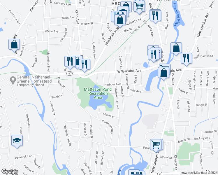 map of restaurants, bars, coffee shops, grocery stores, and more near 27 Matteson Avenue in West Warwick