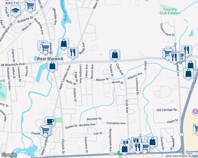 map of restaurants, bars, coffee shops, grocery stores, and more near 18 Mason Street in West Warwick
