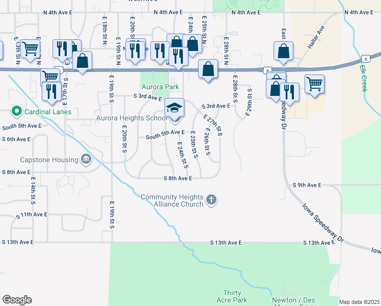 map of restaurants, bars, coffee shops, grocery stores, and more near 603 East 25th Street South in Newton