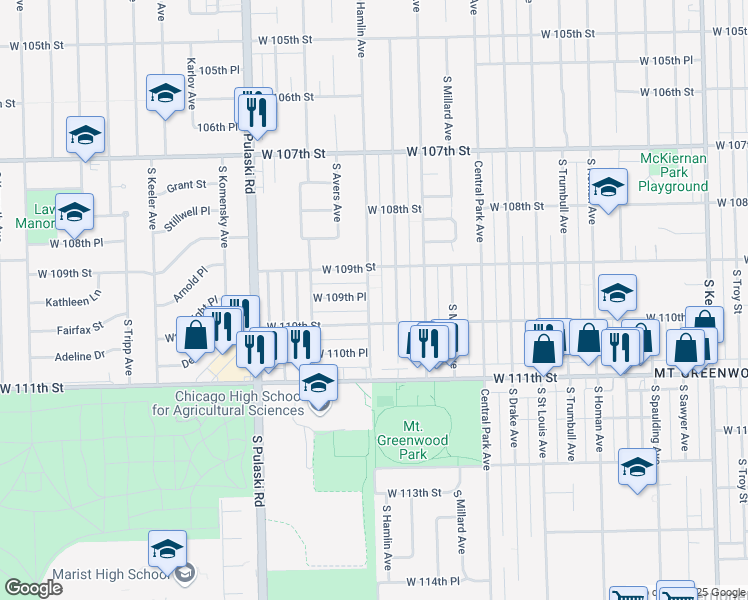 map of restaurants, bars, coffee shops, grocery stores, and more near 10935 South Hamlin Avenue in Chicago