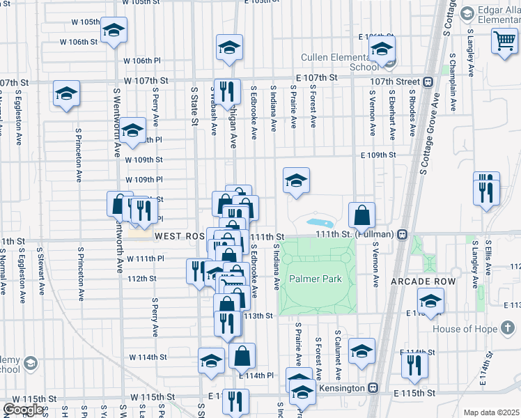 map of restaurants, bars, coffee shops, grocery stores, and more near 11015 South Edbrooke Avenue in Chicago