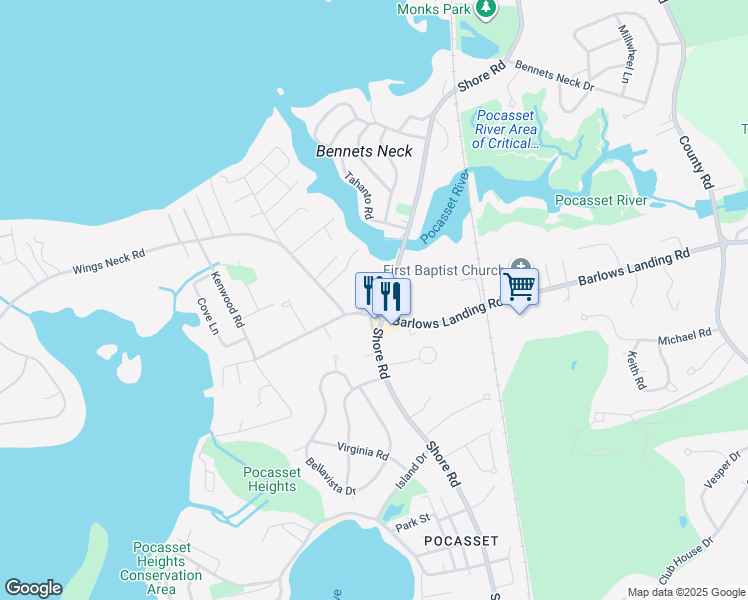 map of restaurants, bars, coffee shops, grocery stores, and more near 10 River Road in Bourne